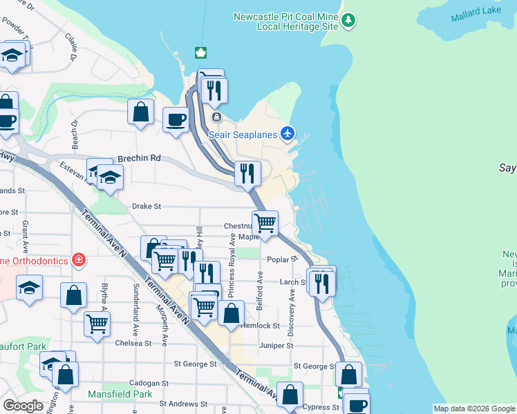 map of restaurants, bars, coffee shops, grocery stores, and more near 1799 Stewart Avenue in Nanaimo