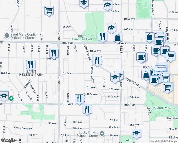 map of restaurants, bars, coffee shops, grocery stores, and more near 13001 102 Avenue in Surrey