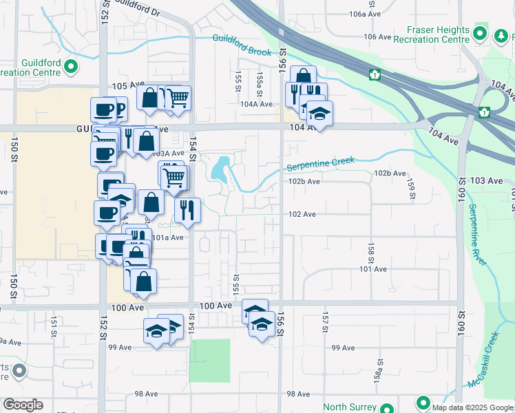map of restaurants, bars, coffee shops, grocery stores, and more near 10238 155A Street in Surrey