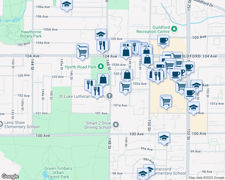 map of restaurants, bars, coffee shops, grocery stores, and more near in Surrey