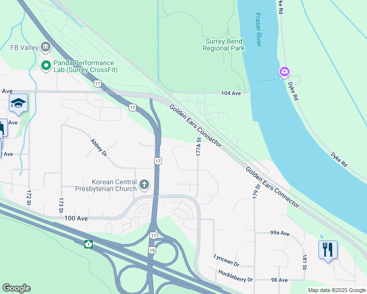 map of restaurants, bars, coffee shops, grocery stores, and more near 17742 102 Avenue in Surrey