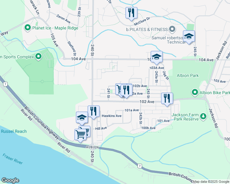 map of restaurants, bars, coffee shops, grocery stores, and more near 24119 102A Avenue in Maple Ridge