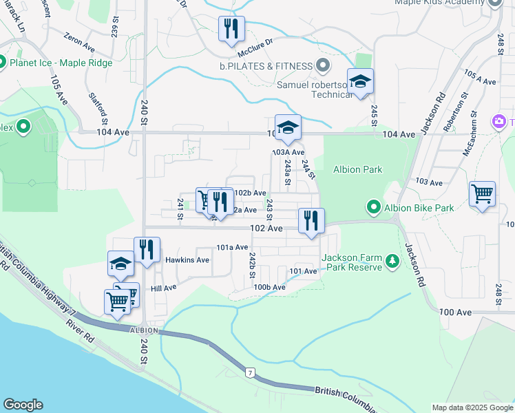 map of restaurants, bars, coffee shops, grocery stores, and more near 24277 102A Avenue in Maple Ridge