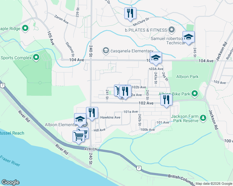 map of restaurants, bars, coffee shops, grocery stores, and more near 24121 102A Avenue in Maple Ridge