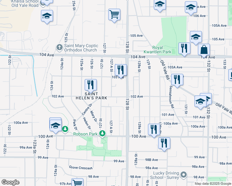 map of restaurants, bars, coffee shops, grocery stores, and more near 12747 102 Avenue in Surrey