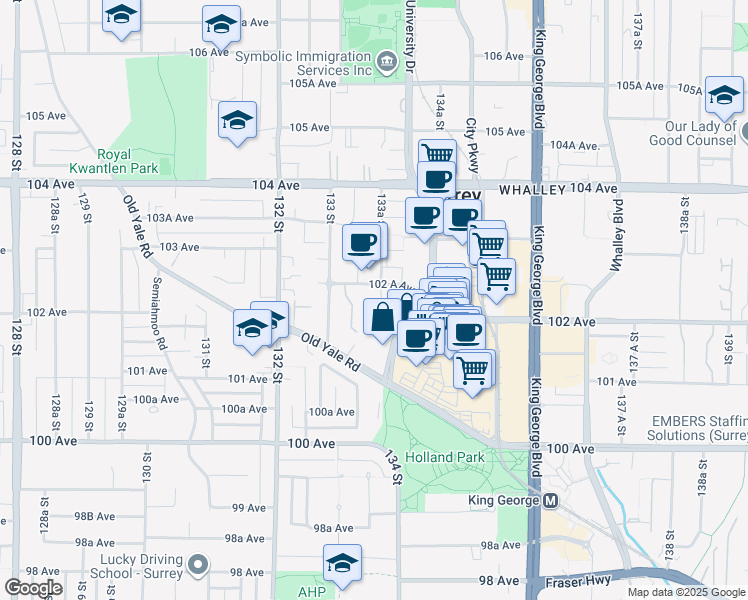 map of restaurants, bars, coffee shops, grocery stores, and more near in Surrey