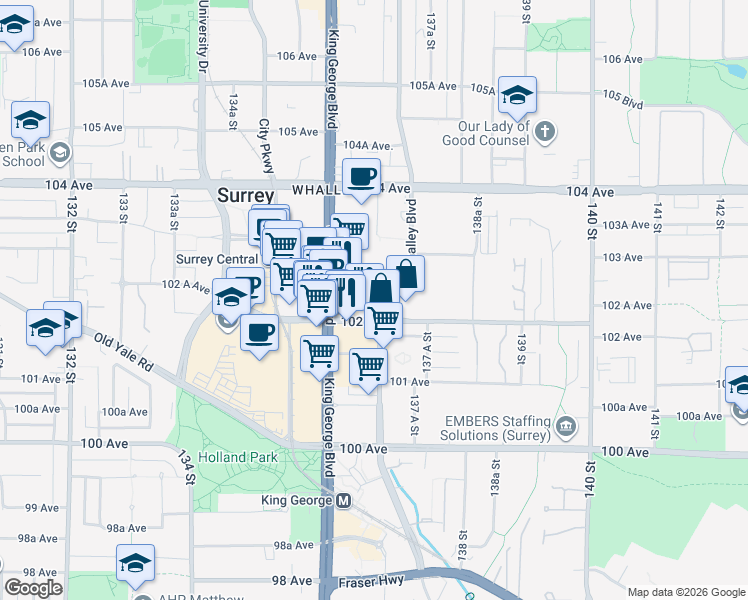 map of restaurants, bars, coffee shops, grocery stores, and more near 10225 Whalley Boulevard in Surrey
