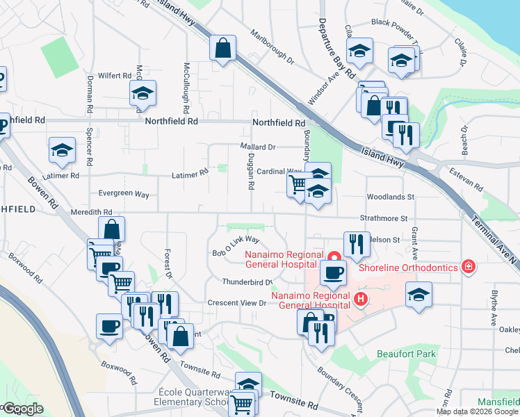 map of restaurants, bars, coffee shops, grocery stores, and more near 1656 Meredith Road in Nanaimo