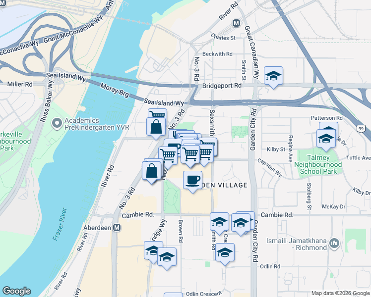 map of restaurants, bars, coffee shops, grocery stores, and more near 8555 Capstan Way in Richmond