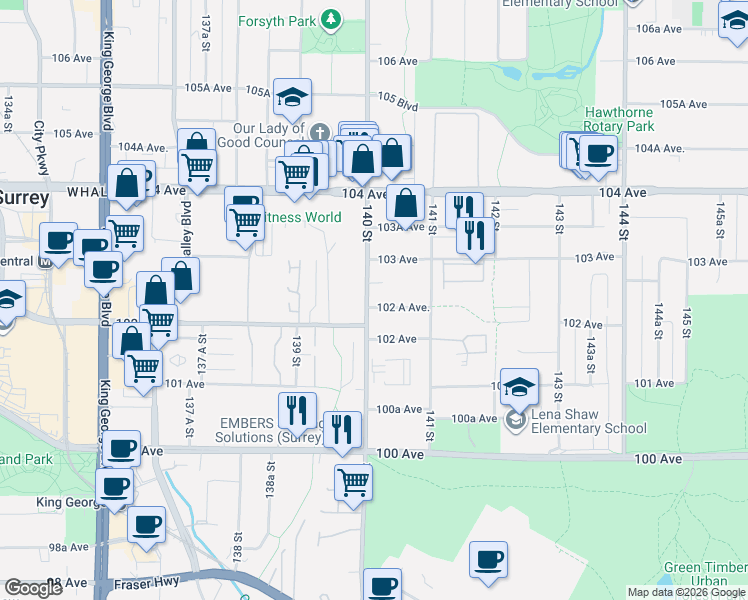 map of restaurants, bars, coffee shops, grocery stores, and more near 10240 140 Street in Surrey