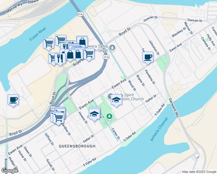 map of restaurants, bars, coffee shops, grocery stores, and more near 803 Ewen Avenue in New Westminster