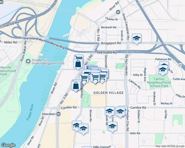 map of restaurants, bars, coffee shops, grocery stores, and more near 8300 Capstan Way in Richmond