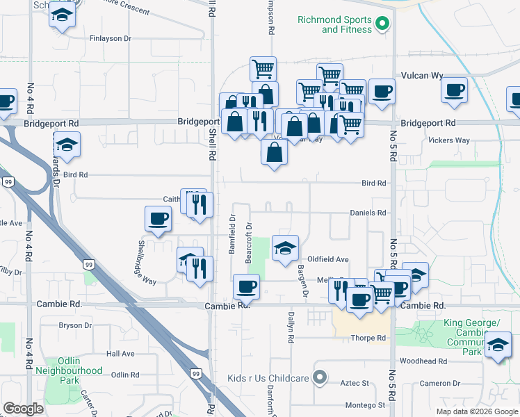 map of restaurants, bars, coffee shops, grocery stores, and more near 11231 Daniels Road in Richmond