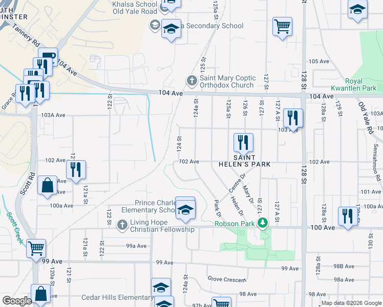 map of restaurants, bars, coffee shops, grocery stores, and more near 10217 124A Street in Surrey