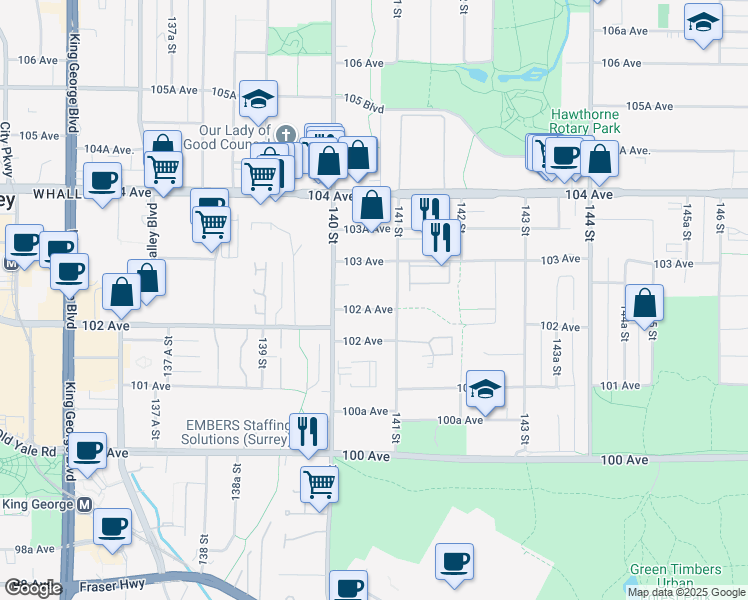 map of restaurants, bars, coffee shops, grocery stores, and more near 14065 102 A Avenue in Surrey