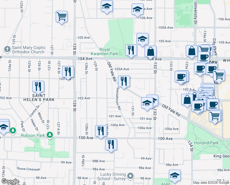 map of restaurants, bars, coffee shops, grocery stores, and more near 10231 Semiahmoo Road in Surrey