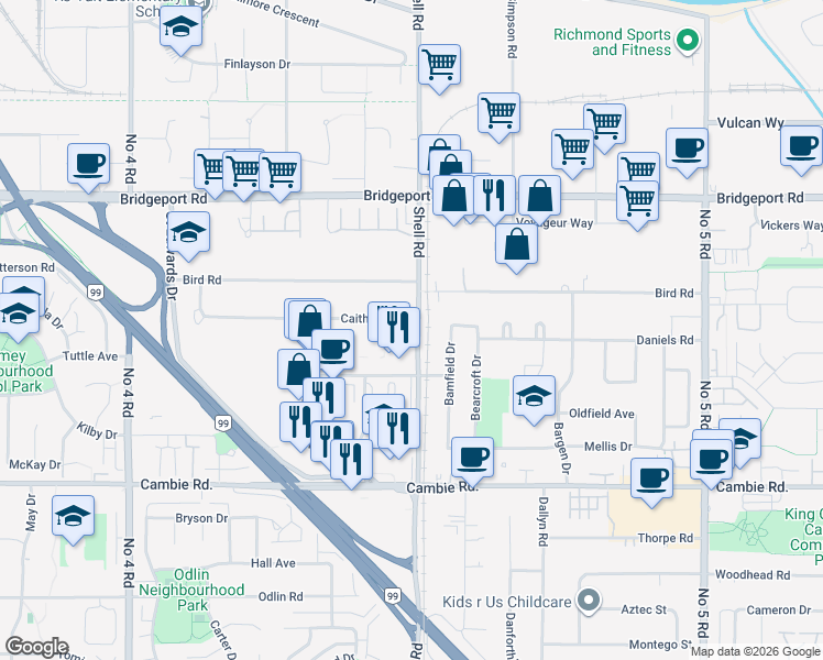 map of restaurants, bars, coffee shops, grocery stores, and more near 10980 Caithcart Road in Richmond