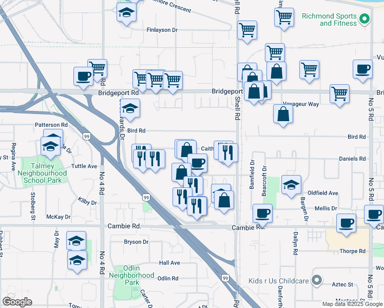 map of restaurants, bars, coffee shops, grocery stores, and more near 10500 Caithcart Road in Richmond