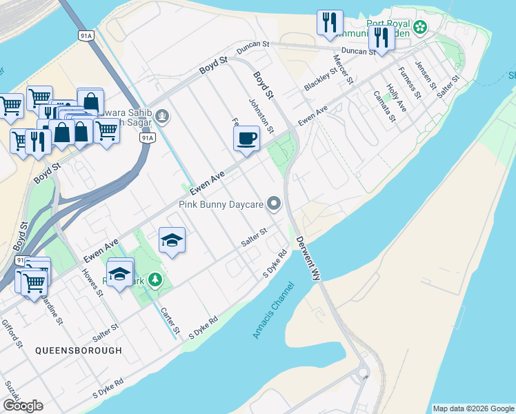 map of restaurants, bars, coffee shops, grocery stores, and more near 228 Pembina Street in New Westminster