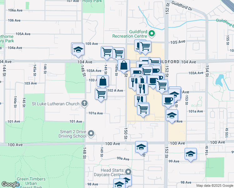 map of restaurants, bars, coffee shops, grocery stores, and more near 14960 102 A Avenue in Surrey