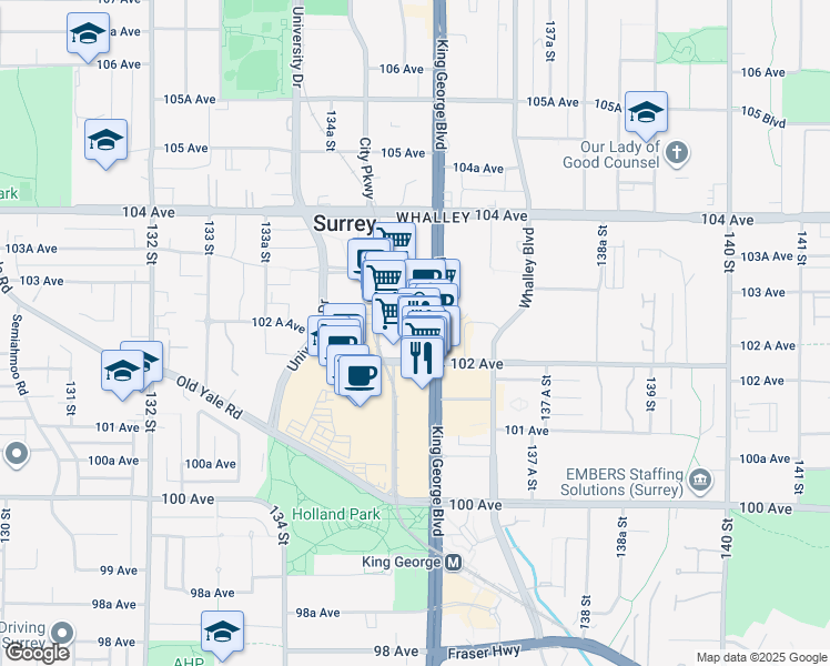 map of restaurants, bars, coffee shops, grocery stores, and more near 13541 102 Avenue in Surrey