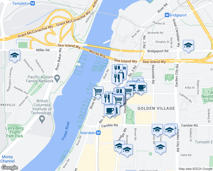 map of restaurants, bars, coffee shops, grocery stores, and more near 8100 Capstan Way in Richmond