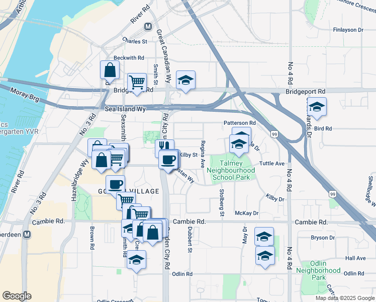 map of restaurants, bars, coffee shops, grocery stores, and more near 9251 Kilby Street in Richmond