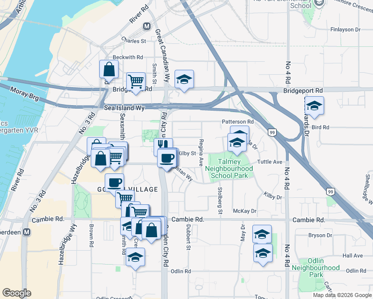 map of restaurants, bars, coffee shops, grocery stores, and more near 9251 Kilby Street in Richmond