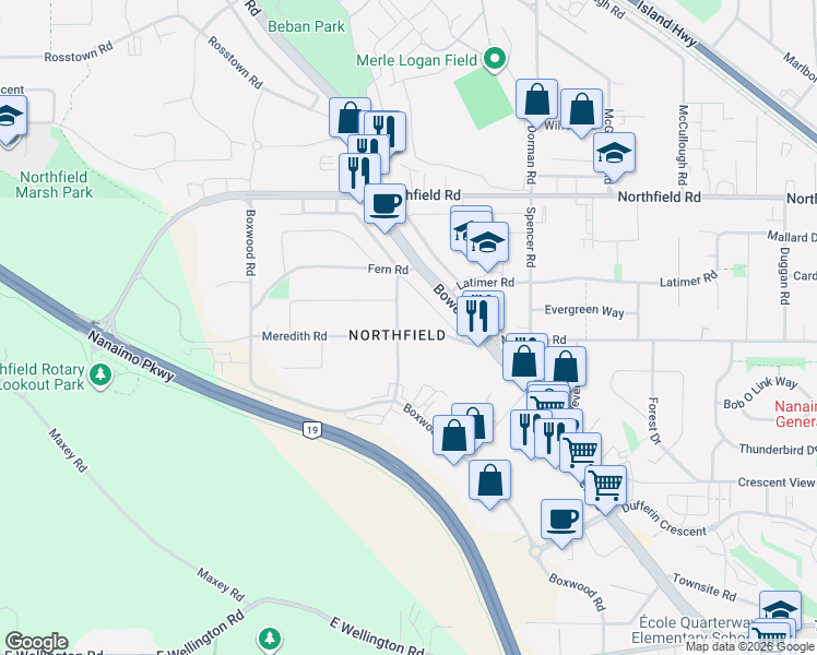 map of restaurants, bars, coffee shops, grocery stores, and more near 2126 Meredith Road in Nanaimo