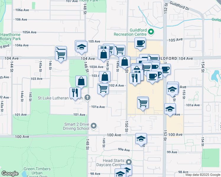 map of restaurants, bars, coffee shops, grocery stores, and more near 14922 102A Avenue in Surrey