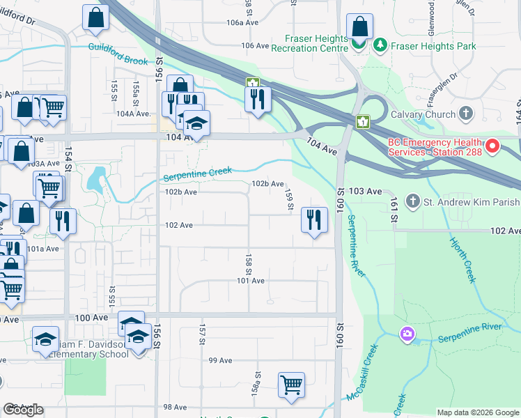map of restaurants, bars, coffee shops, grocery stores, and more near in Surrey