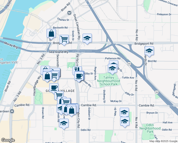 map of restaurants, bars, coffee shops, grocery stores, and more near 9271 Kilby Street in Richmond