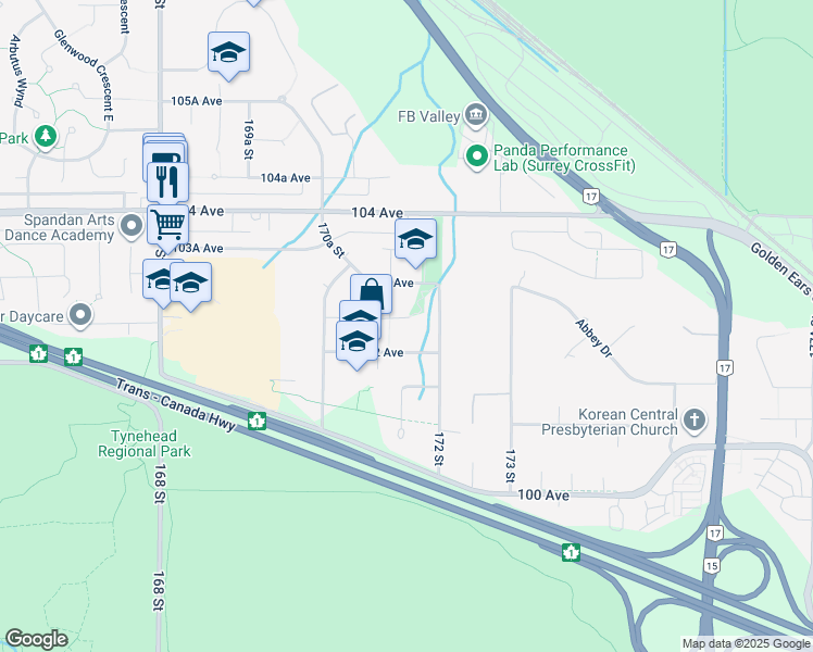map of restaurants, bars, coffee shops, grocery stores, and more near 17178 102A Avenue in Surrey