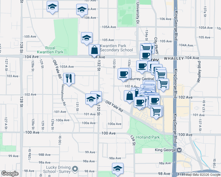 map of restaurants, bars, coffee shops, grocery stores, and more near 10237 133 Street in Surrey