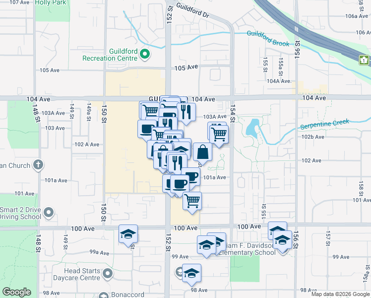map of restaurants, bars, coffee shops, grocery stores, and more near 15258 102 A Avenue in Surrey
