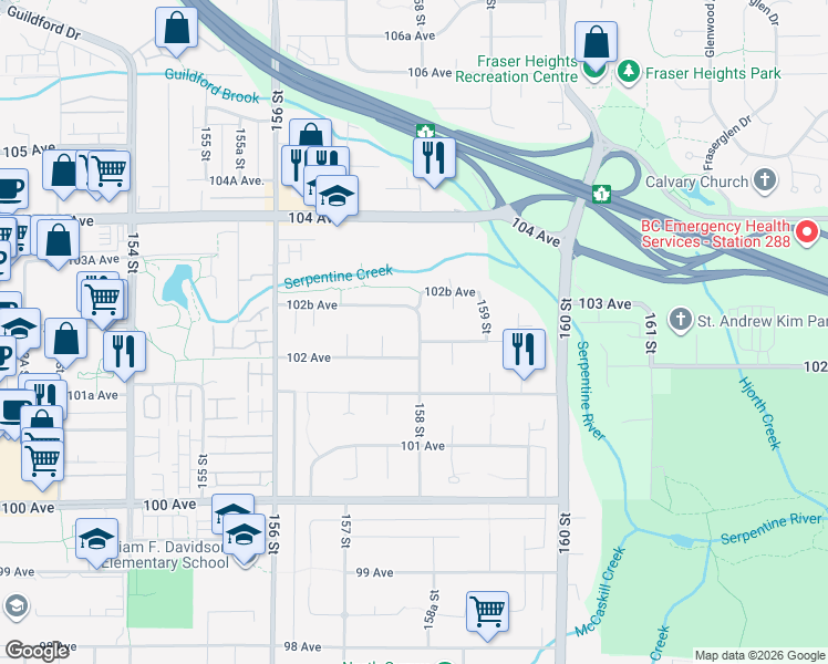 map of restaurants, bars, coffee shops, grocery stores, and more near 10235 158 Street in Surrey