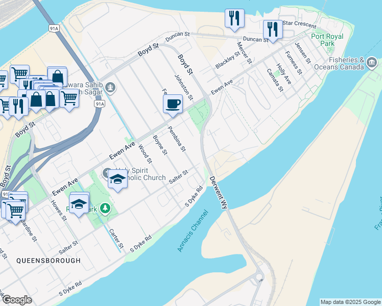 map of restaurants, bars, coffee shops, grocery stores, and more near 217 Pembina Street in New Westminster