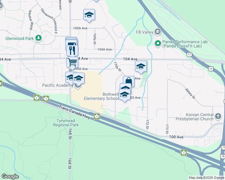 map of restaurants, bars, coffee shops, grocery stores, and more near 10233 170A Street in Surrey