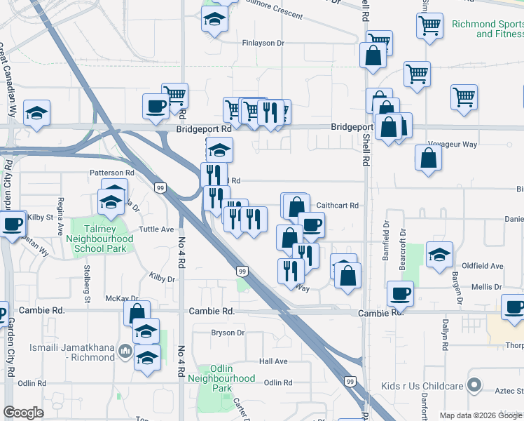 map of restaurants, bars, coffee shops, grocery stores, and more near 10320 Caithcart Road in Richmond