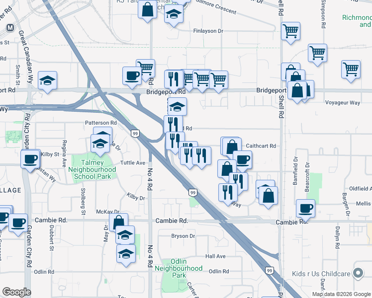map of restaurants, bars, coffee shops, grocery stores, and more near 10200 Caithcart Road in Richmond