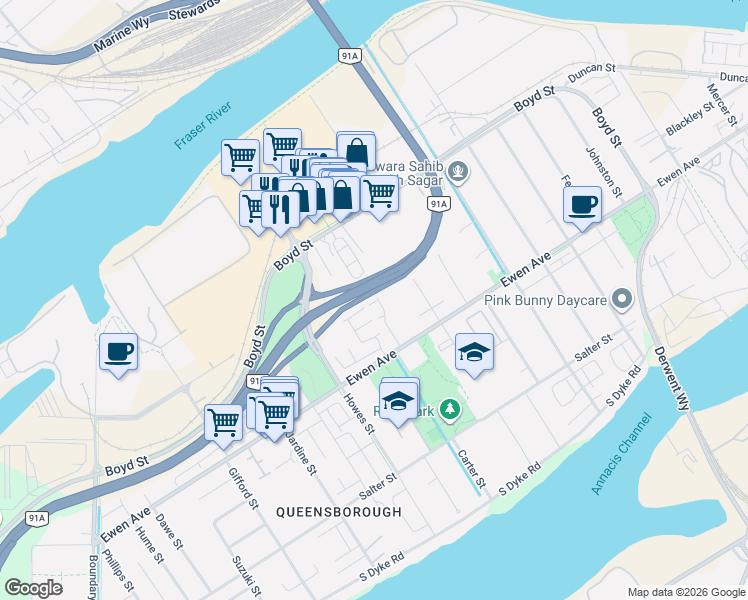 map of restaurants, bars, coffee shops, grocery stores, and more near in New Westminster
