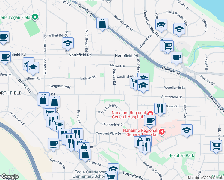 map of restaurants, bars, coffee shops, grocery stores, and more near 2107 Duggan Road in Nanaimo