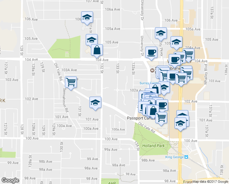 map of restaurants, bars, coffee shops, grocery stores, and more near in Surrey