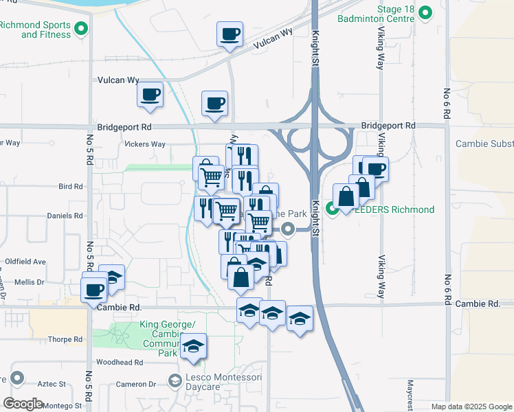 map of restaurants, bars, coffee shops, grocery stores, and more near in Richmond