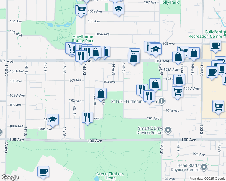 map of restaurants, bars, coffee shops, grocery stores, and more near 10256 145A Street in Surrey