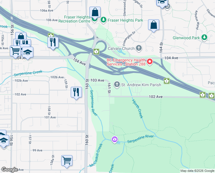 map of restaurants, bars, coffee shops, grocery stores, and more near 16095 102 A Avenue in Surrey