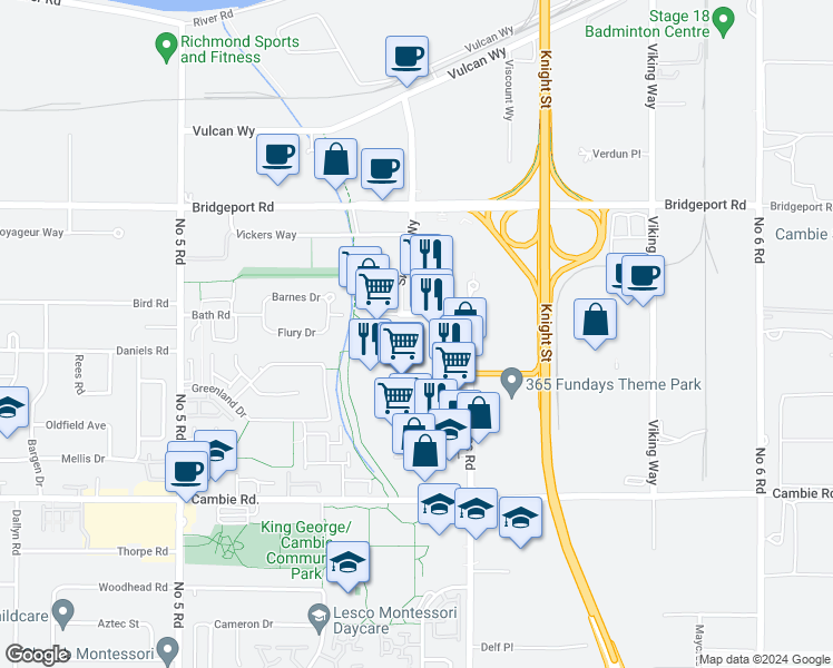 map of restaurants, bars, coffee shops, grocery stores, and more near 12840 Bathgate Way in Richmond