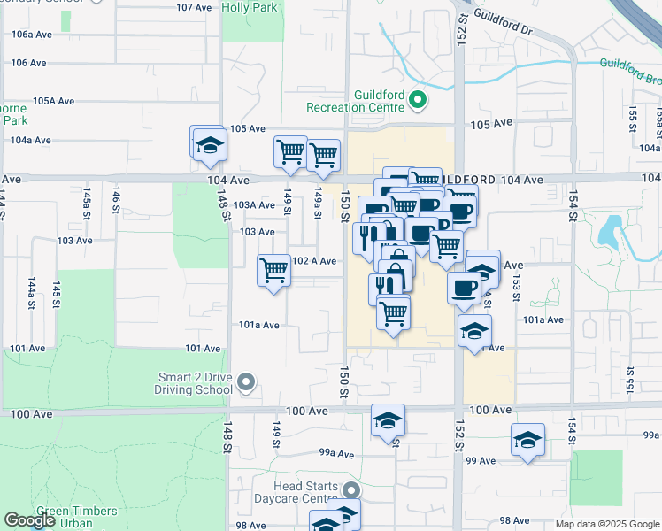 map of restaurants, bars, coffee shops, grocery stores, and more near 14960 102A Avenue in Surrey