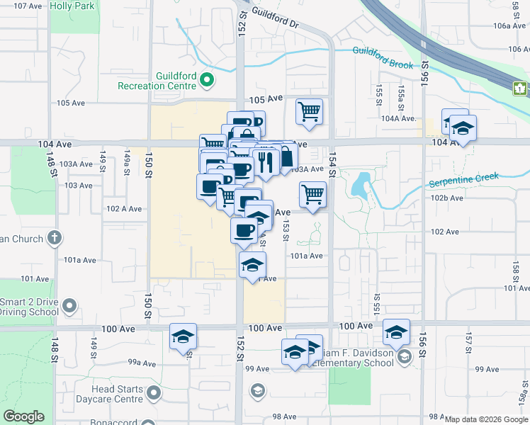 map of restaurants, bars, coffee shops, grocery stores, and more near 15258 102 A Avenue in Surrey