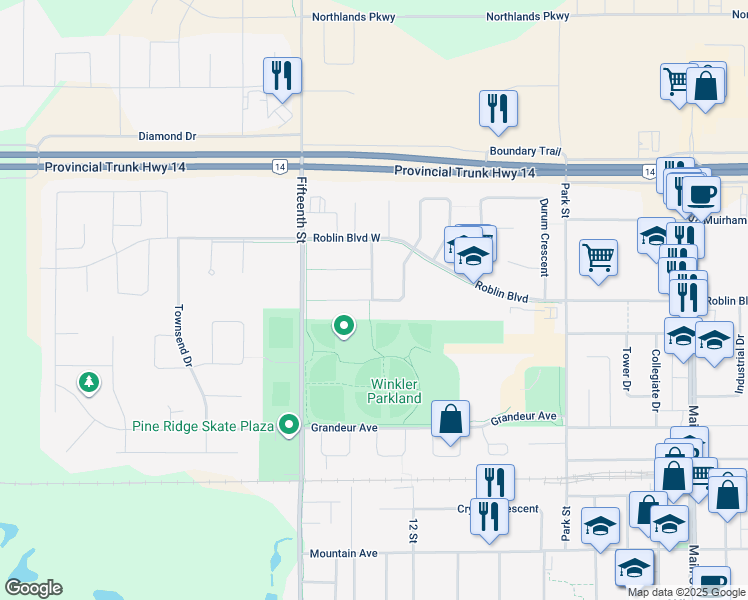 map of restaurants, bars, coffee shops, grocery stores, and more near 26 Parkland Crescent in Winkler
